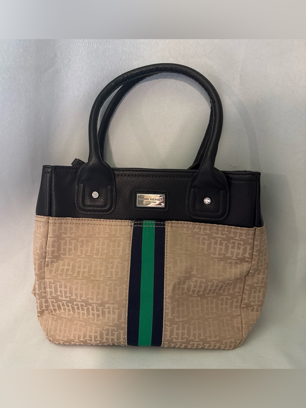 Tommy Hilfiger Beige Tote with Black Trim and Green Center Stripe